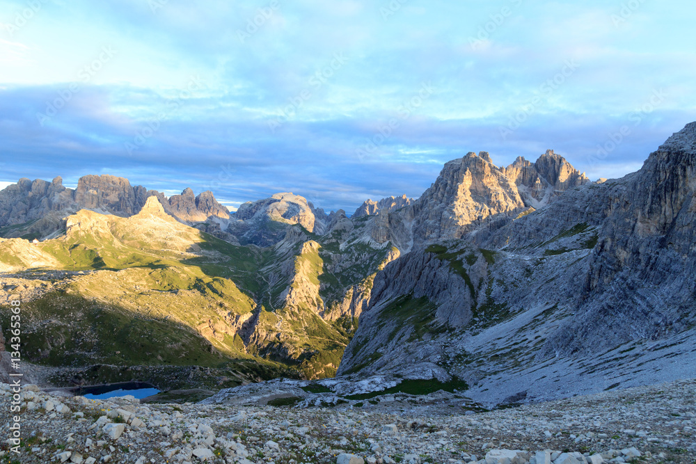 Sexten Dolomites panorama with mountains Dreischusterspitze, Birkenkofel and Toblinger Knoten in South Tyrol, Italy