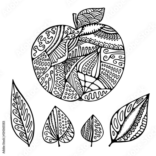 stock vector abstract isolated apple and leaf. hand draw pattern
