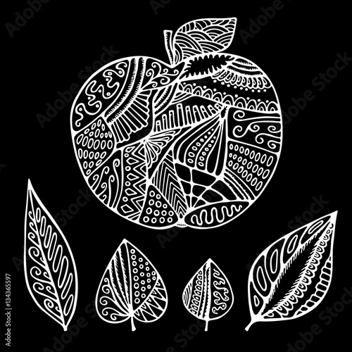 stock vector abstract isolated apple and leaf. hand draw pattern