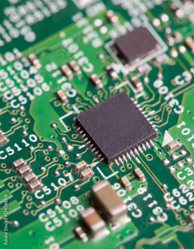 Close up of electronic components on the motherboard, microprocessor chip