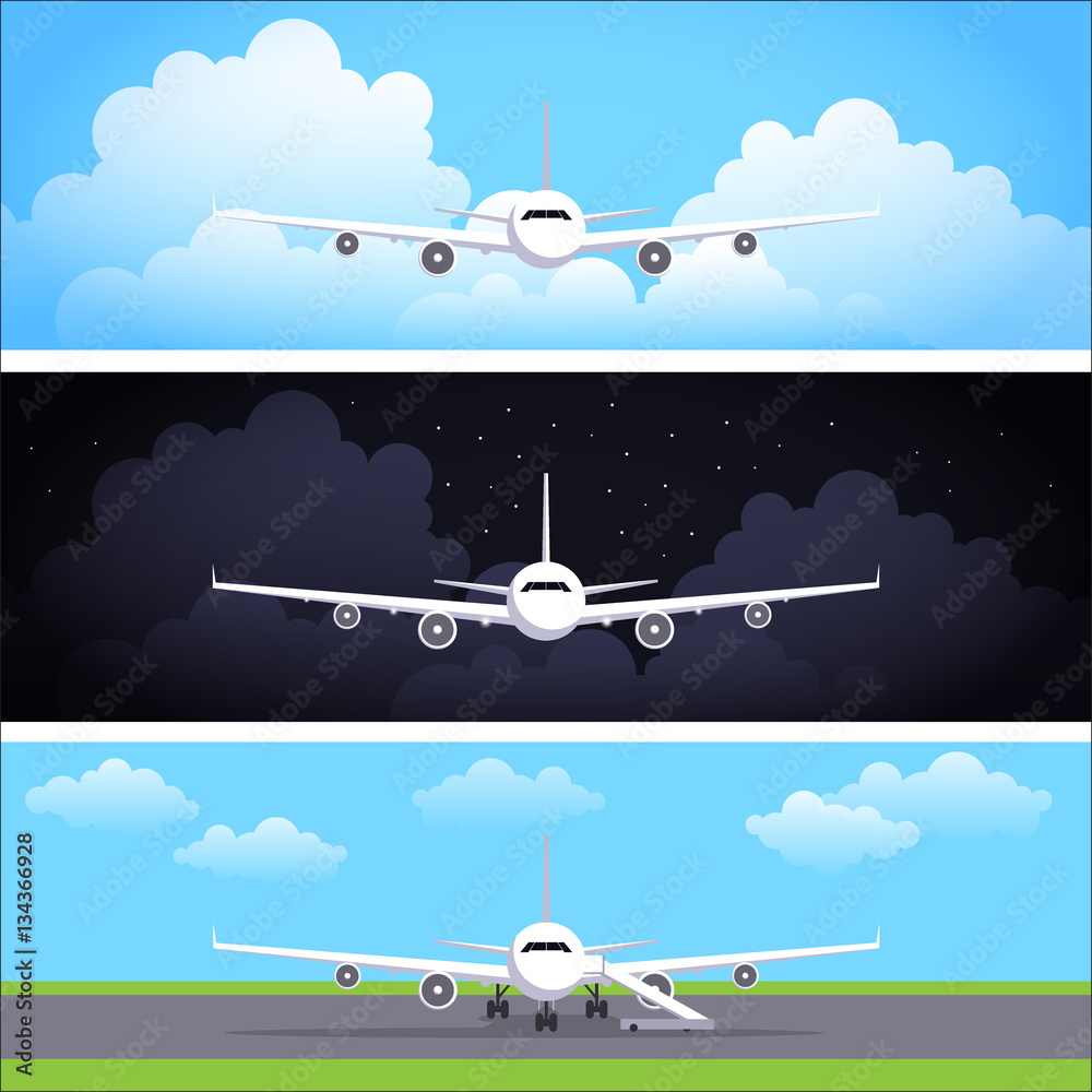 Flat vector web banners set with airplanes