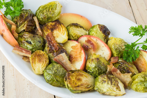 Homemade roasted brussels sprouts with bacon and apple.