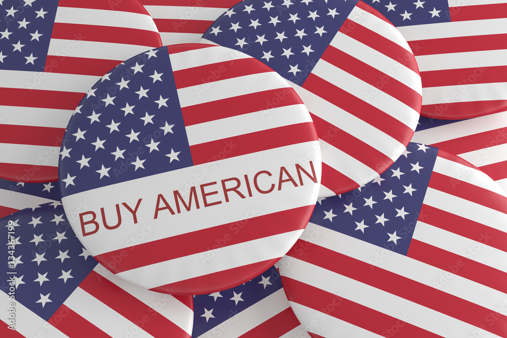 US Politics Badges: Pile With Buy American Button, 3d illustration