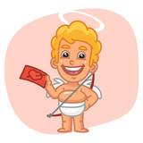Cupid Laughing and Holding Valentine Card