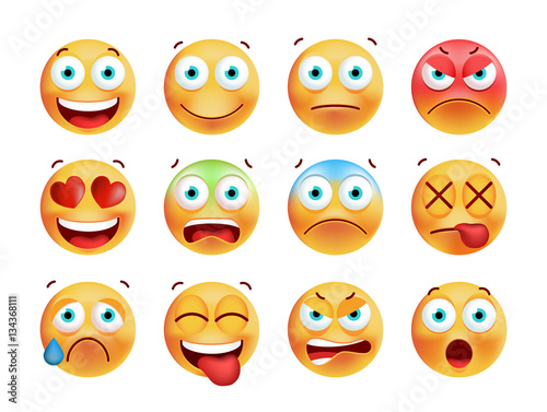 Set of Cute Emoticons on White Background. Isolated Vector Illustration 