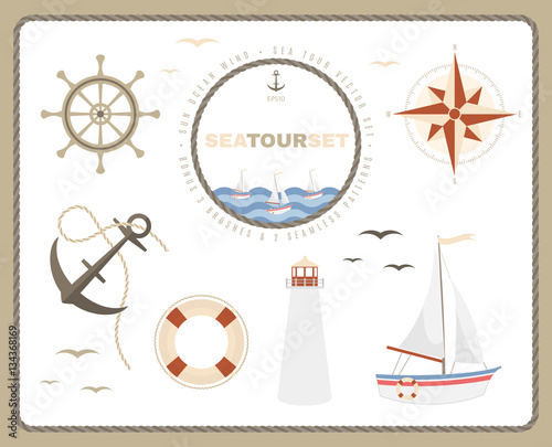 Sea tour set. Compass rose, sailboat, helm, anchor, lifebuoy and lighthouse.