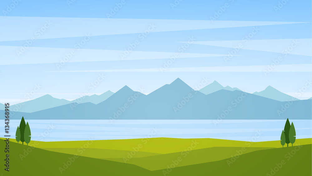 Fototapeta premium Vector illustration: Landscape with lake or bay and mountains on horizon