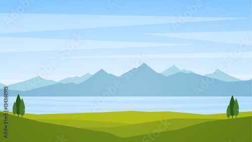 Obraz na plátně Vector illustration: Landscape with lake or bay and mountains on horizon