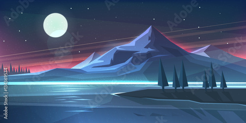 Night mountain landscape on lake. Vector illustration