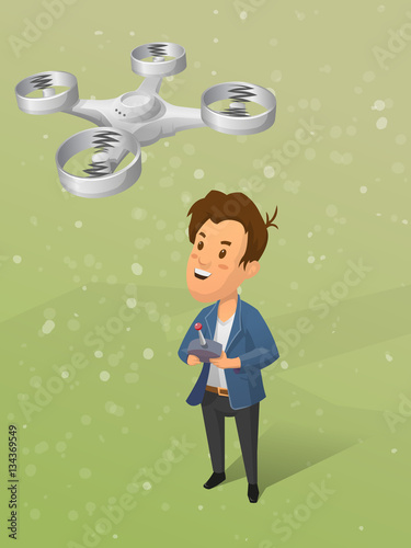 Young boy controling unmanned aerial vechicle (quadrocopter). vector illustration. Kids game, education, entertaiment and science