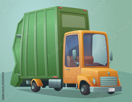 Garbage collection service. Retro Garbage truck. Vector illustration