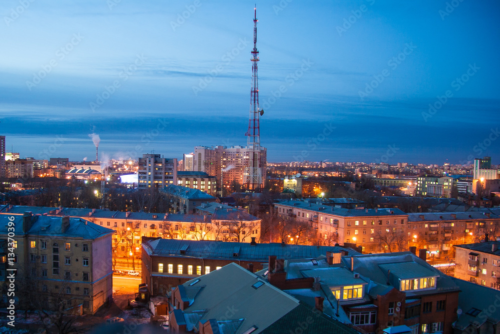 Night cityscape view of Voronezh. Telecentre Tower