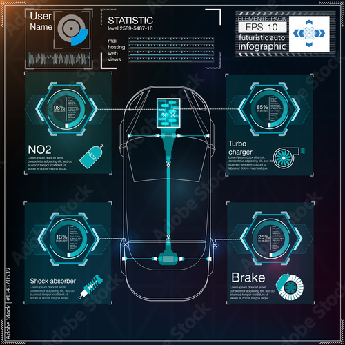 Futuristic user interface. HUD UI. Abstract virtual graphic touch user interface. Cars infographic. Vector science abstract.  Vector illustration.