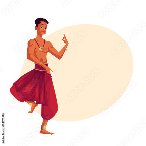 Indian male dancer in traditional harem pants, cartoon vector illustration on background with place for text. Traditional Indian male dancer wearing baggy pants and ankle brecelets Bollywood performer