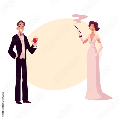 Man and woman in 1920s style clothes at a vintage party, cartoon style vector illustration on background with place for text. Man in black smoking and woman in pink vintage dress and mantel