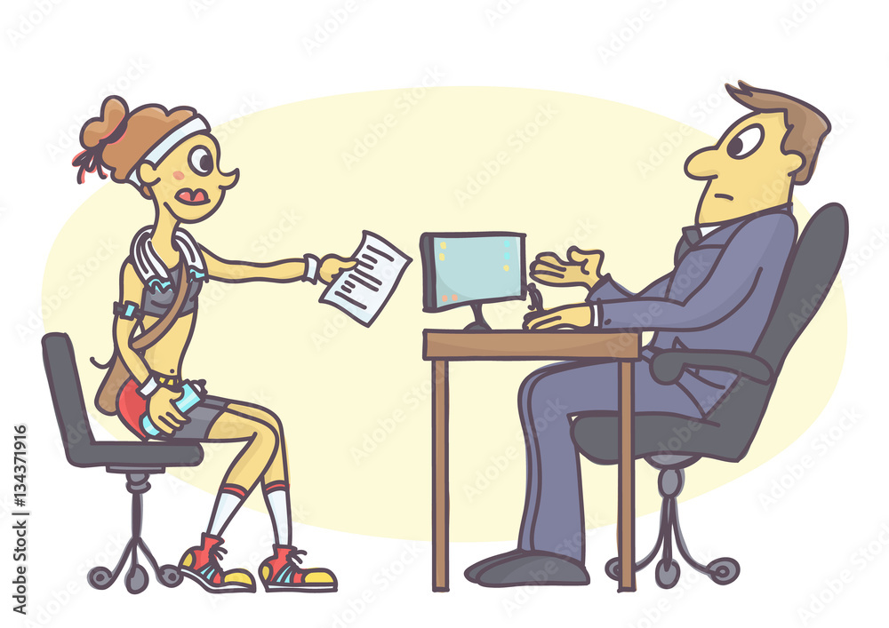 Funny vector cartoon of young woman dressed inappropriate for job interview.  Intern girl talking to personnel manager in sportswear. Stock Vector |  Adobe Stock
