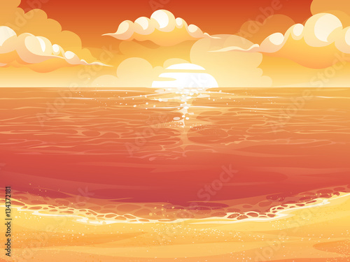 Crimson sun, sunrise or sunset on the sea