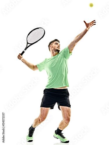 one caucasian  man playing tennis player service serving isolated on white background