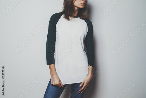 Young hipster girl wearing blank white t-shirt with empty space for your logo or design, mock-up of t-shirt long sleeve