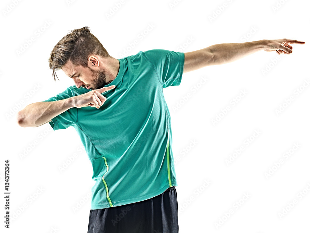 Obraz premium one caucasian soccer player man happy celebration isolated on white background
