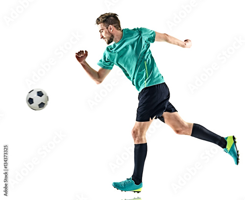 one caucasian soccer player man running isolated on white background