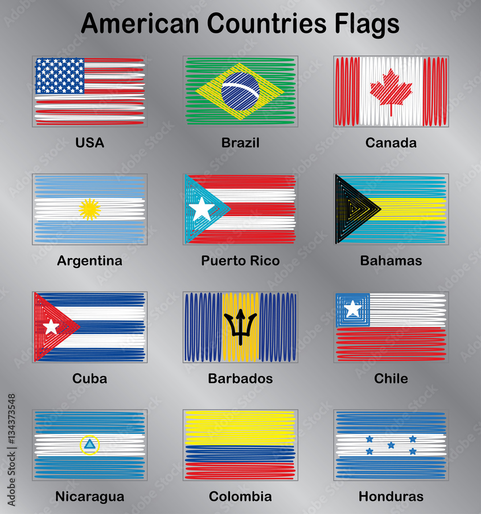 American Flags. USA. Brazil. Argentina. Canada. Puerto Rico. Bahamas. Cuba. Barbados. Chile. Nicaragua. Colombia. Honduras. Vector Set American Flags. USA. Brazil. Argentina. Canada. Puerto Rico. Bahamas. Cuba. Barbados. Chile. Nicaragua. Colombia. Honduras. Vector Set