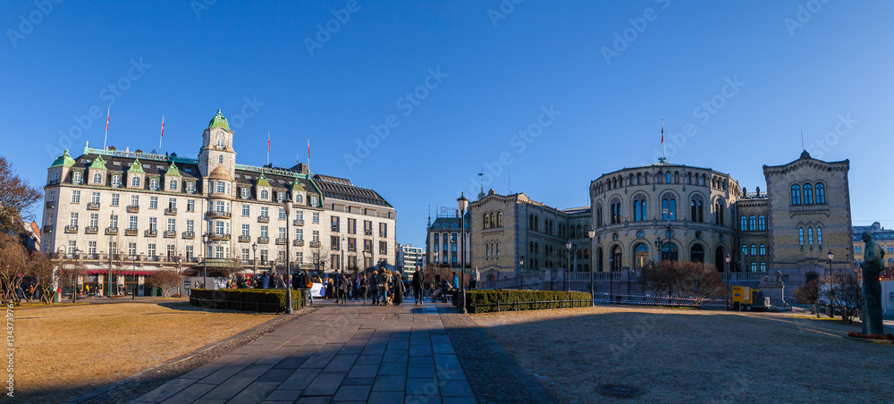 Parliament of Norway at the sunny day, panoramic view