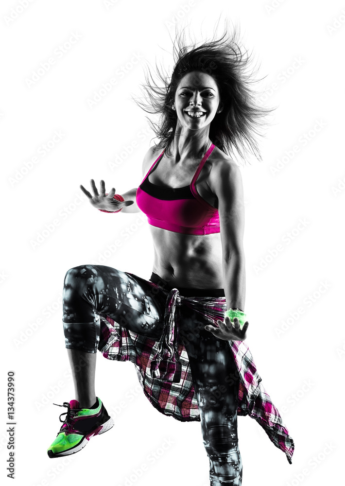 one caucasian woman zumba fitness exercises dancer dancing isolated in silhouette on white background one caucasian woman zumba fitness exercises dancer dancing isolated in silhouette on white background