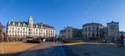 Parliament of Norway at the sunny day, panoramic view