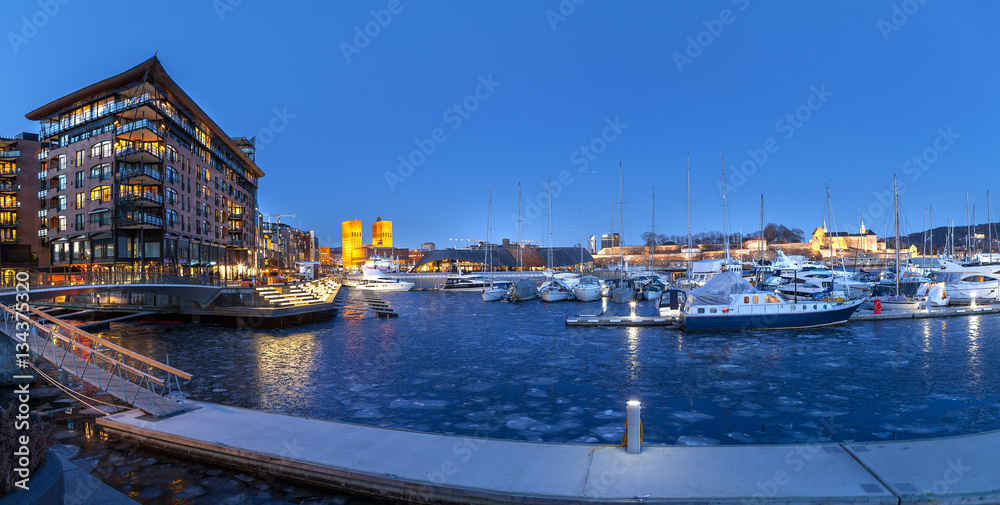 Panoramic view of marina with Akershus Fortress and City hall