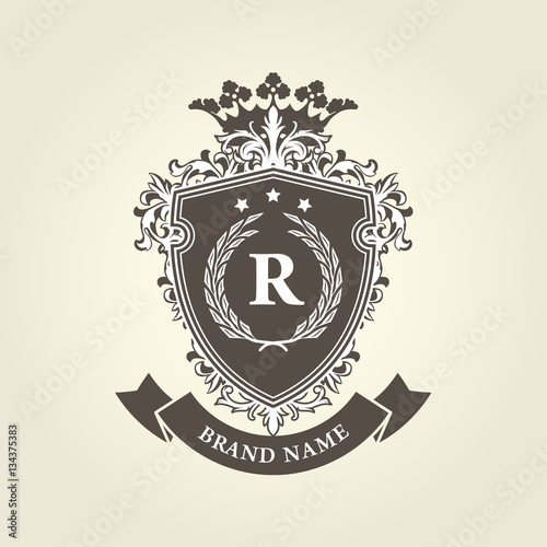 Medieval royal coat of arms - shield with crown and laurel wreat
