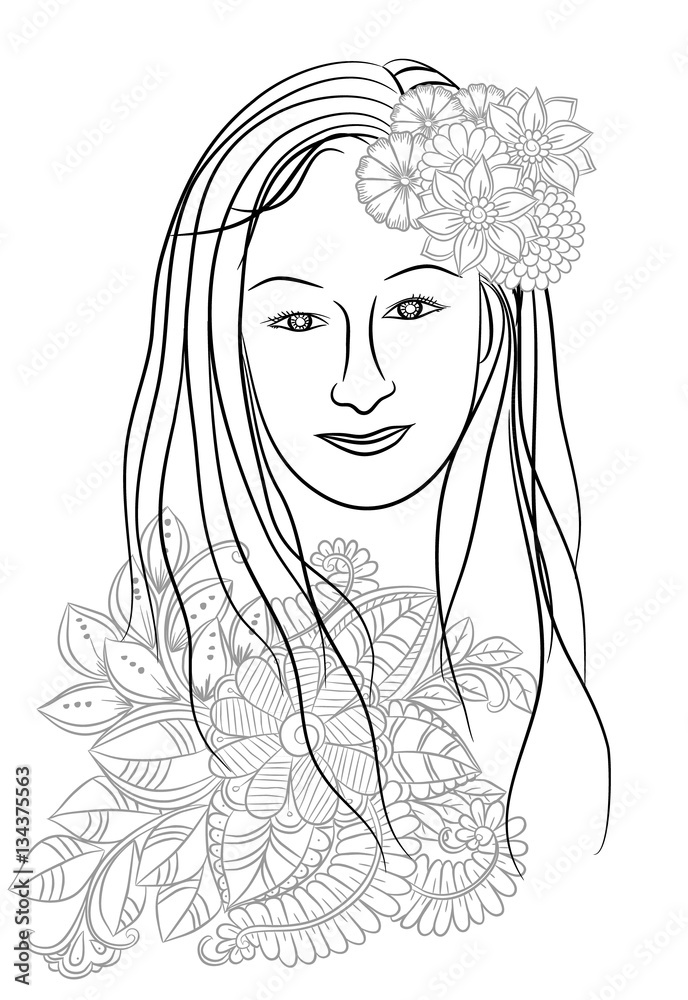Beautiful face in black and white for adult coloring book Beautiful face in black and white for adult coloring book