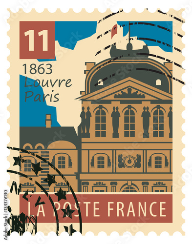 stamp with the image of the Paris Louvre museum