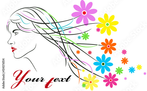 Beauty Fashionable Girl. Floral hairstyle, woman face silhouette. Flowers abstract background. Vector illustration.