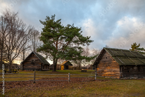 View of the rustic farm, peasant household. Wooden architecture of North and Baltics