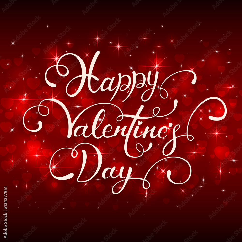 Lettering Happy Valentines Day with hearts on red background