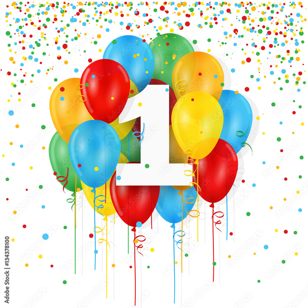 HAPPY 1st BIRTHDAY / ANNIVERSARY card with bunch of multicoloured balloons  Stock Vector | Adobe Stock