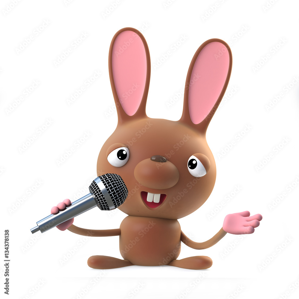 Naklejka premium 3d Cute cartoon Easter bunny rabbit sings the blues on a microphone