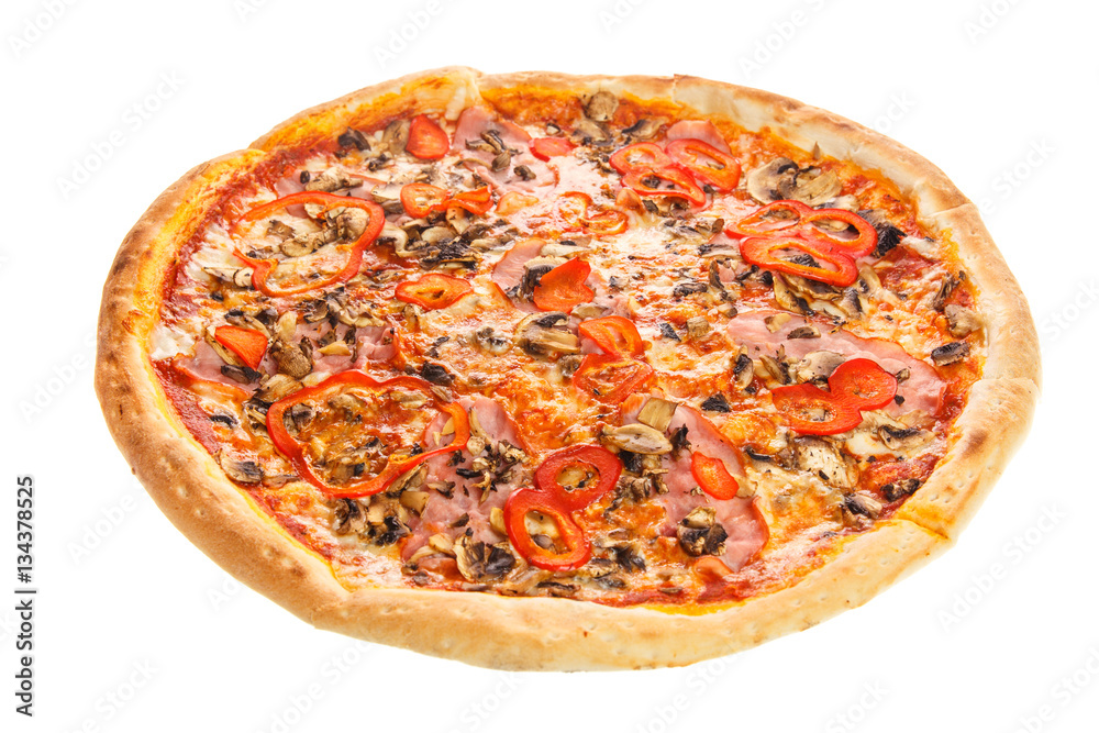 Delicious classic italian pizza with ham, vegetables, mushroom and cheese