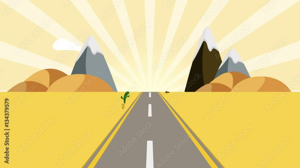 ride through a cartoon desert seamless loop. Animated road on a sunset with space for your object, text or logo Seamlessly loop. Colorful cartoon nature background.