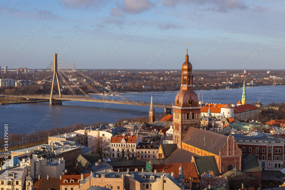 Aerial simmer day view of old town and Daugava river from St Peter church, with Riga Cathedral, Latvia