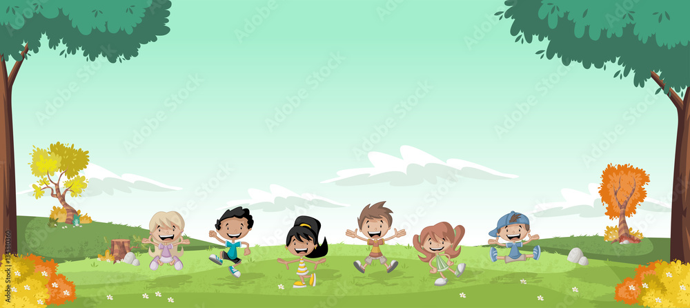 Green grass landscape with cute cartoon kids.
Green grass landscape with cute cartoon kids.