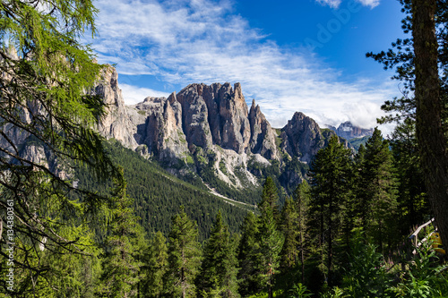 View of the Rosengarten (Catinaccio) in summer, in the Italian Dolomites