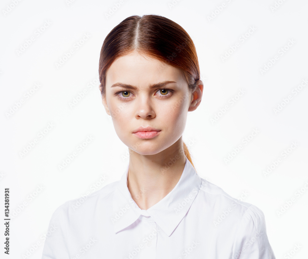 Business woman in the white shirt white background Business woman in the white shirt white background