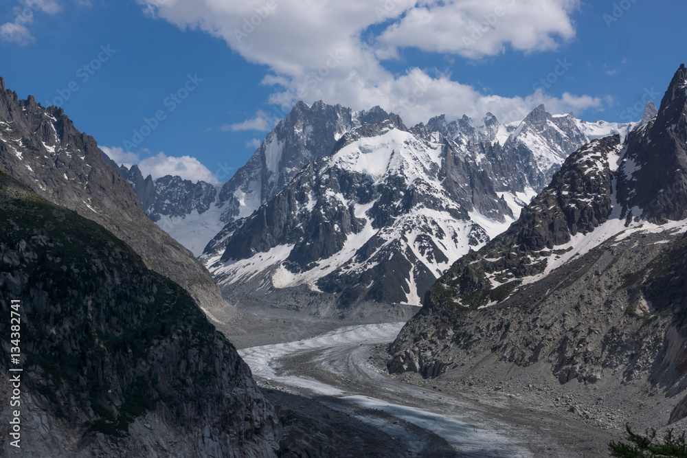 The road through the rocky mountains and glacier in the Montblanc Chamonix