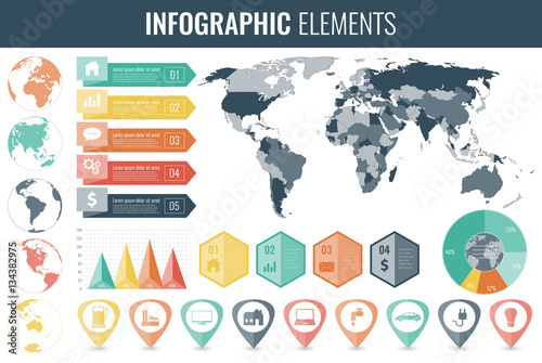 Infographic Elements Set. World map, markers, charts and other elements. Business infographic. Vector