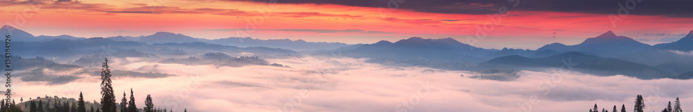 Foggy sunrise in the Carpathian mountains