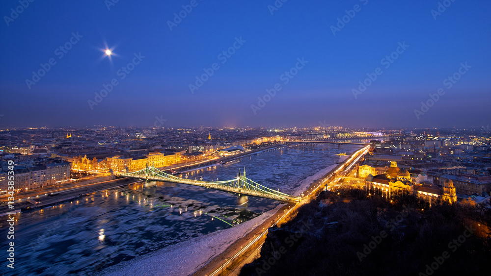 Liberty bridge danube river winter in Budapest night Liberty bridge danube river winter in Budapest night