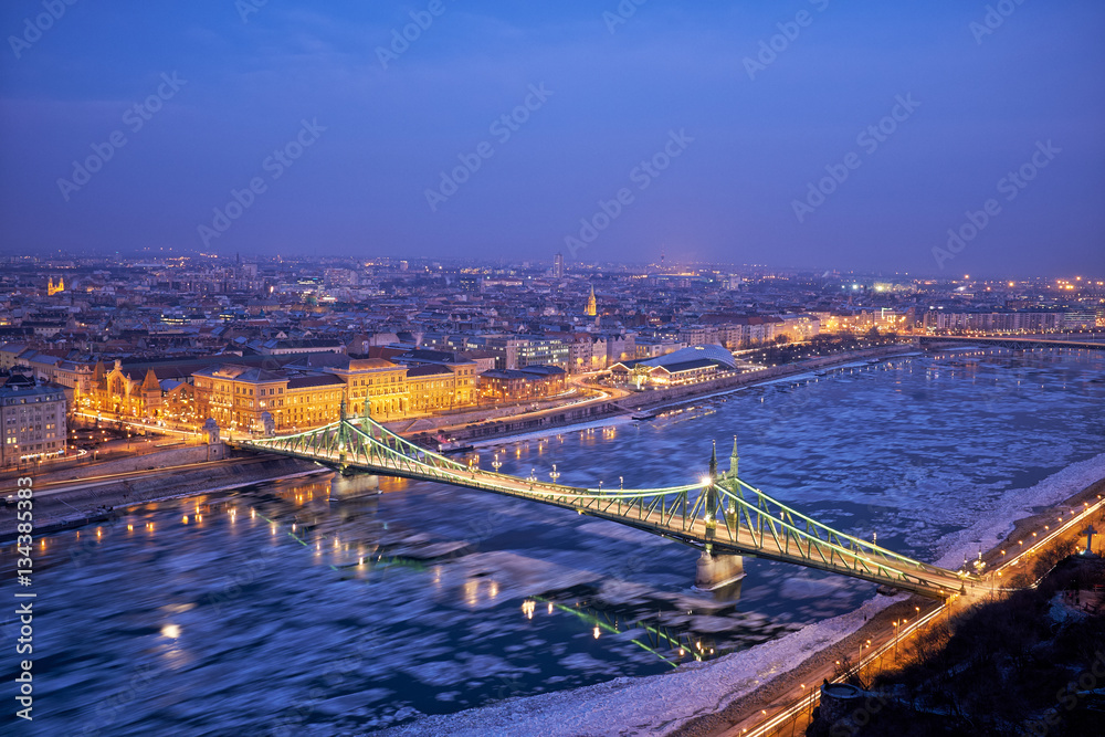 Liberty bridge danube river winter in Budapest night
