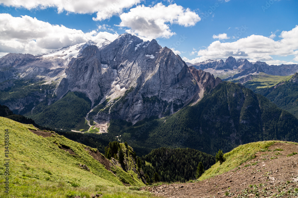 View of the Marmolada, also known as the Queen of the Dolomites. Marmolada is the highest mountain of the Dolomites, situated in northeast of Italy.